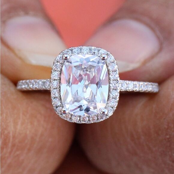 NEW! 18K White Gold Plated Halo Cushion Cut Diamond Engagement Ring - Picture 1 of 8